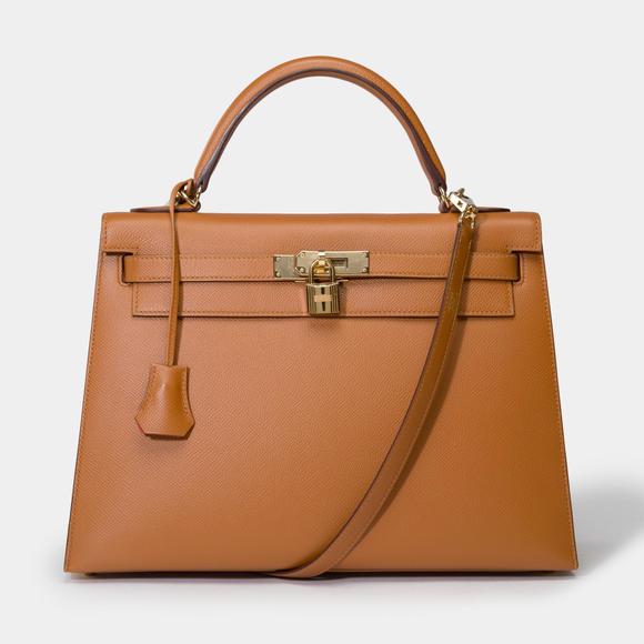 HERMES Kelly 32 sellier handbag strap [HSO] in Camel & Orange Epsom leather, GHW - Picture 2 of 12